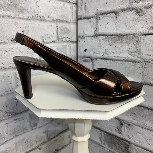 Etienne Aigner Ophelia Open Toe Sling Back Brown Patent Faux Leather Sandals - Picture 3 of 9